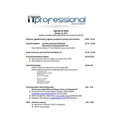 10/19/16 Agenda INWTPA Inland Northwest Tech Pros Association