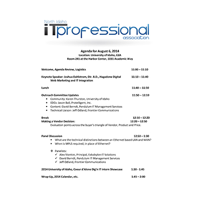 8/6/2014 Agenday INWTPA Inland Northwest Tech Pros Association
